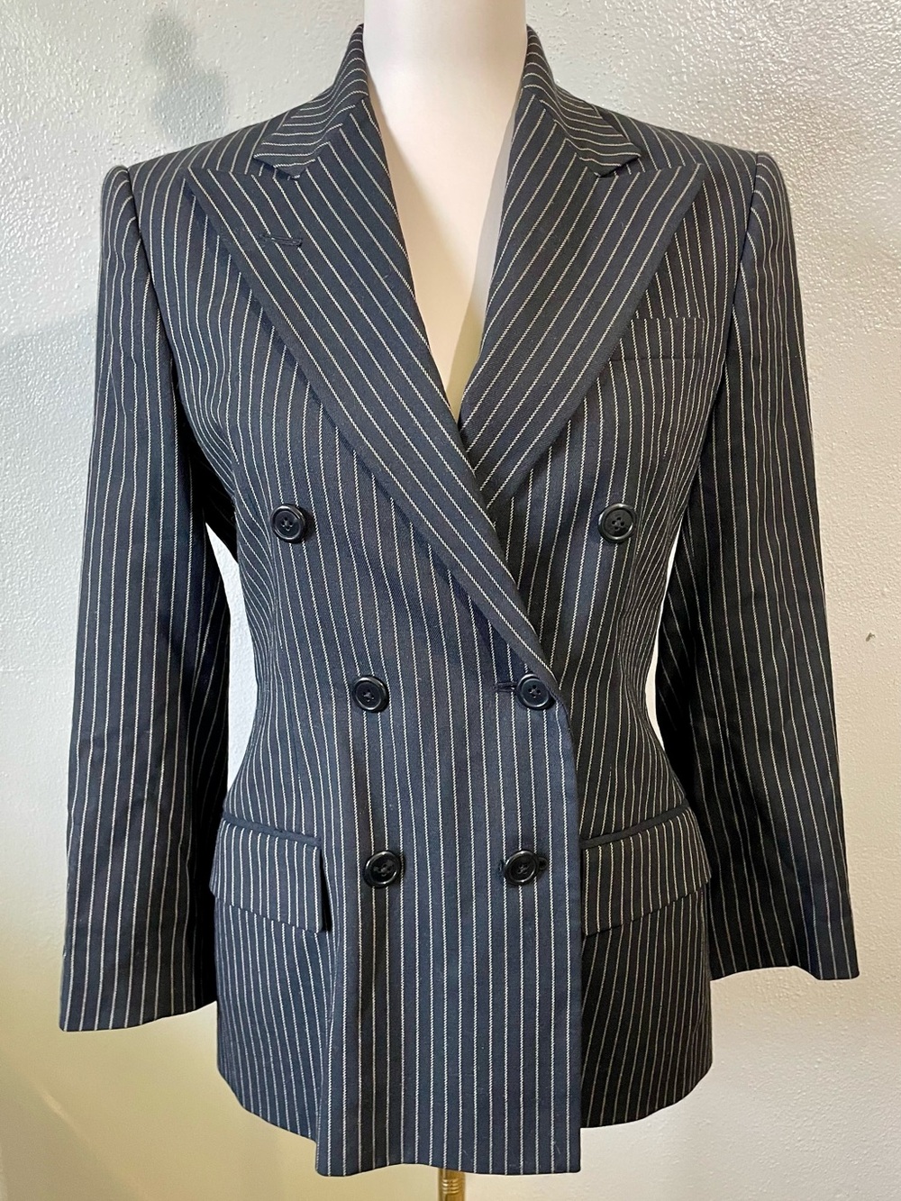 Ralph Lauren Pinstripe Double Breasted Blazer Sz 4 Black Wool Blend Tailored